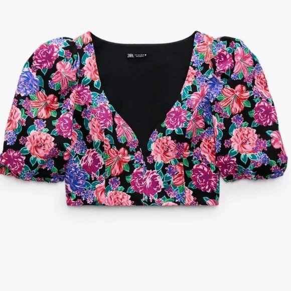 Zara Multicolor Floral Print Cropped Top Size Small - 47761 - Picture 1 of 15